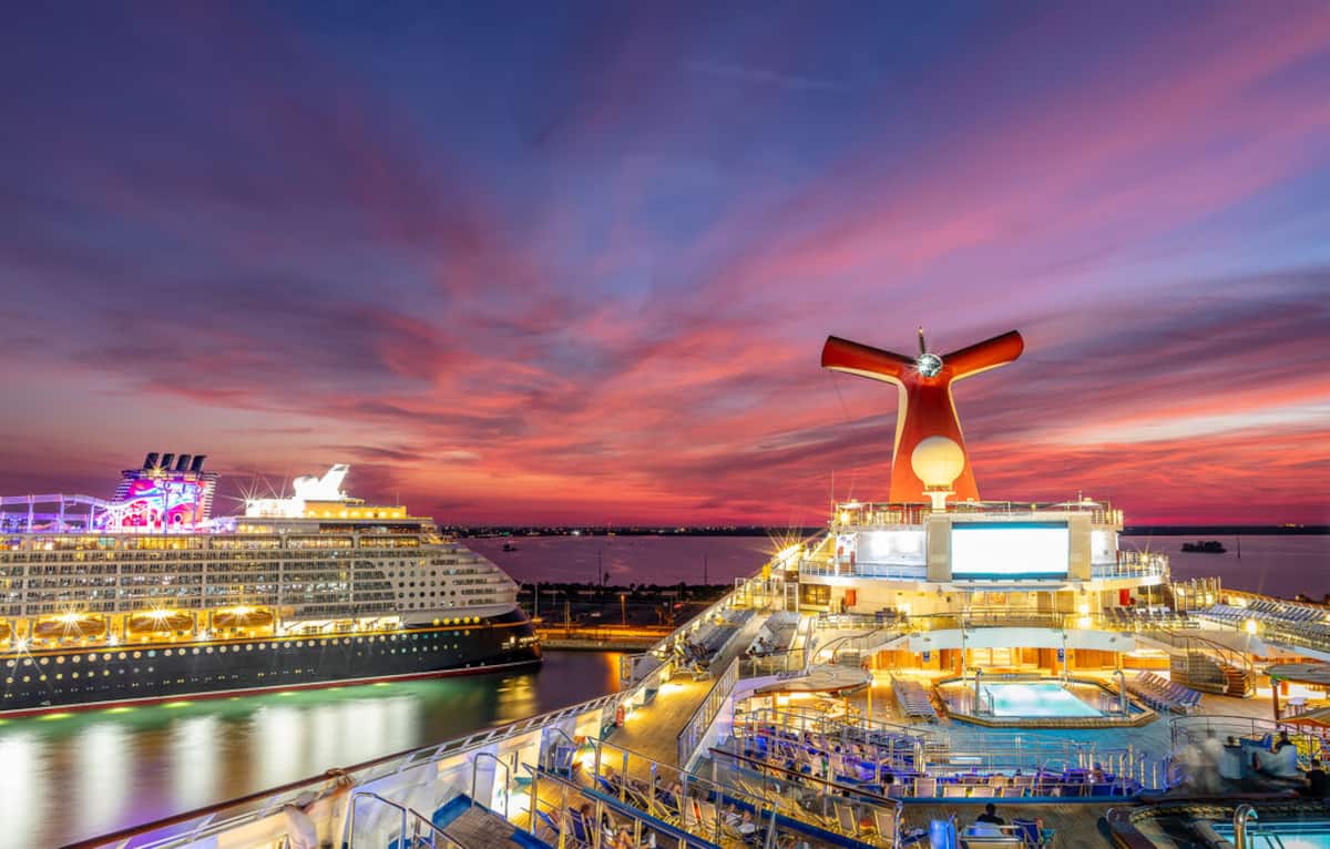 Cruise ship docked at Port Canaveral at sunset