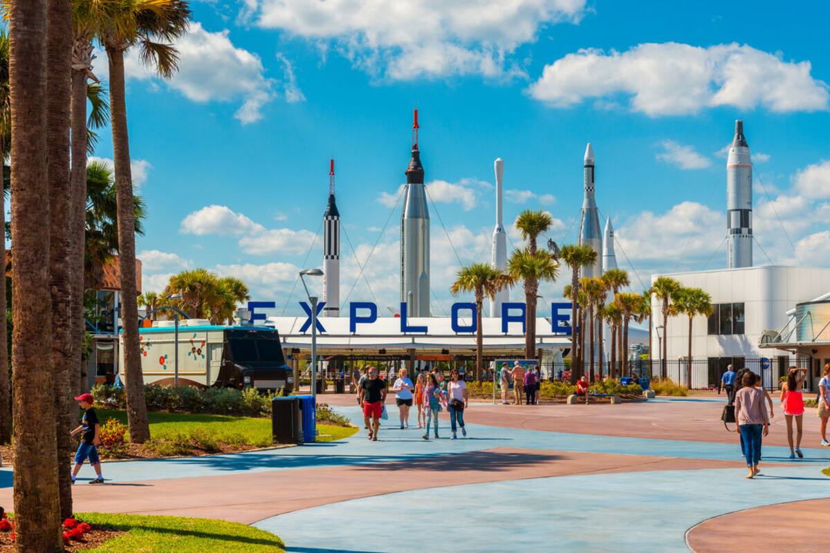 Ron Jon Surf Shop plaza with surf rocket sculptures